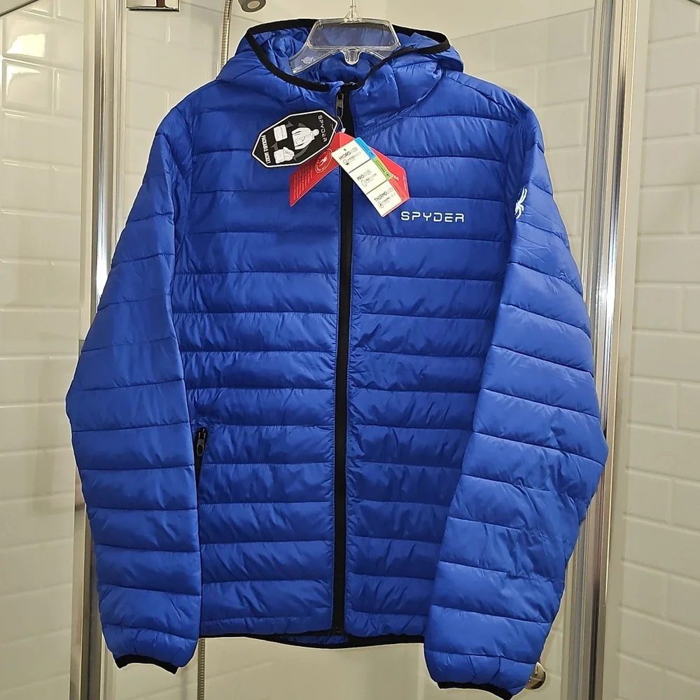 Spyder Men's Hooded Puffer Packable Jacket In 'Electric Blue'. NWT. - Picture 1 of 11